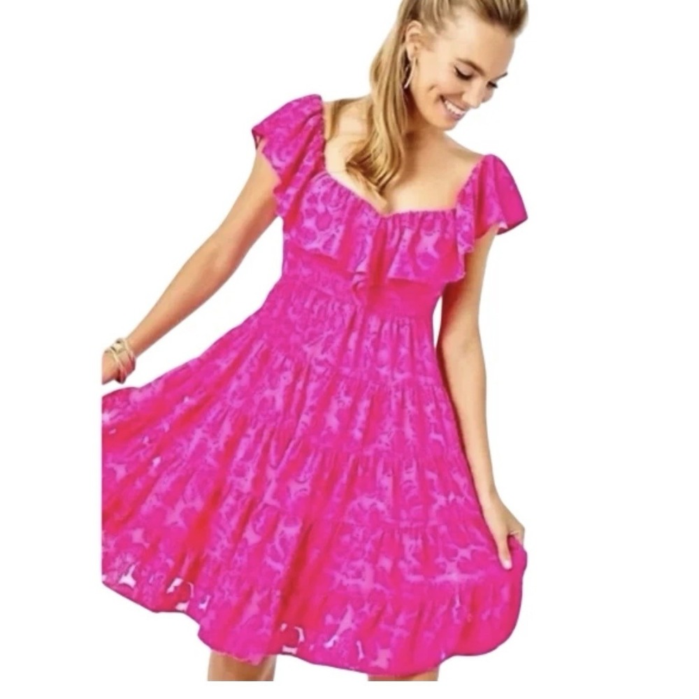 Lilly Pulitzer Emie Ruffle Trim Dress in Berry Soiree US Size 6‎